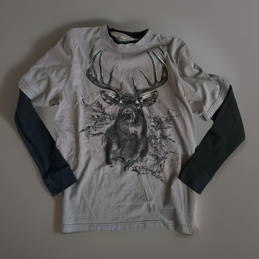 VTG Legacy Falls Outfitters Thermal Sleeve T-Shirt Deer Buck Gray Shirt Size XL